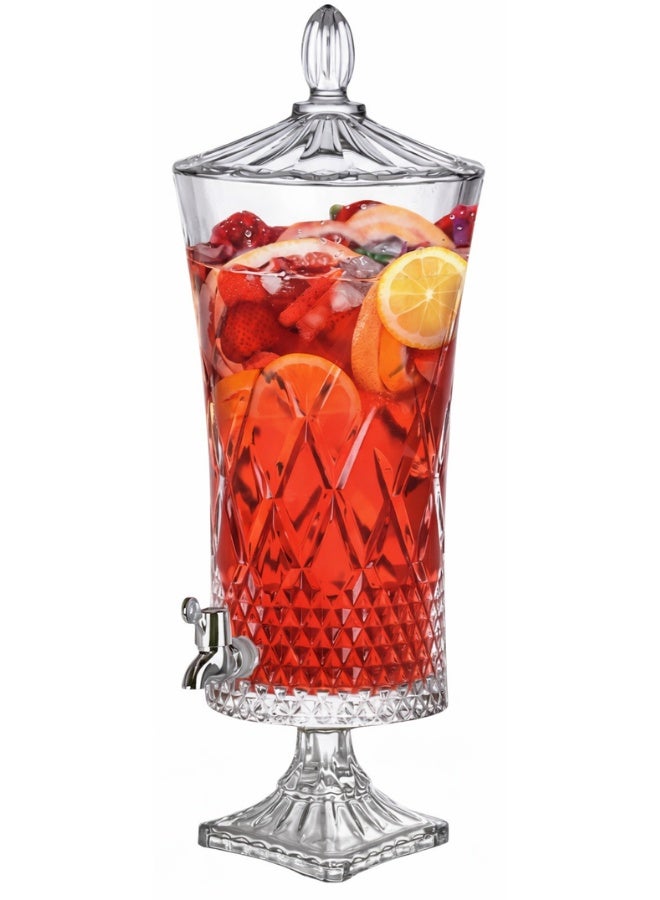 موزع مشروبات زجاجي فاخر بسعة 4.5 لتر، وعاء زجاج شفاف عالي الجودة بتصميم كلاسيكي مع نقوش هندسية بارزة Diamond Cut ونقوش طولية، غطاء زجاجي مزخرف بمقبض Finial أنيق، صنبور كرومي مانع للتسريب للاستخدام السريع، موزع مياه وعصائر وديتوكس وكوكتيلات ومشروبات باردة، مثالي لحفلات الزفاف، العزائم العائلية، البوفيهات الفاخرة، طاولة المشروبات Coffee Corner، تصميم طويل ومستقر بقاعدة مربعة عريضة، مثالي للعصائر الطبيعية والمياه الفوارة والمشروبات الغازية، إضافة ديكور أنيق للمطبخ والمنزل والمطاعم والفنادق والمناسبات الخاصة. - Image 1